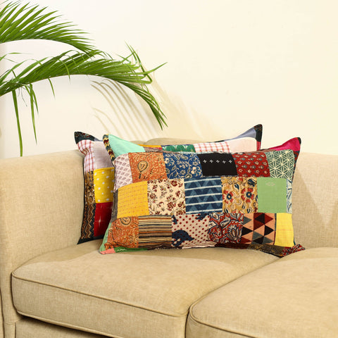 Multicolor Set of 2 Patchwork Cotton Pillow Covers
