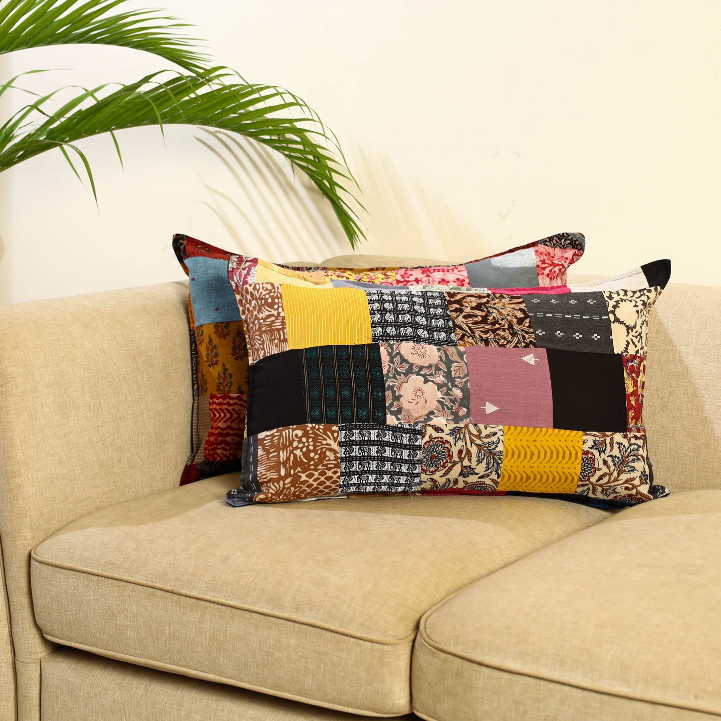 Multicolor Set of 2 Patchwork Cotton Pillow Covers
