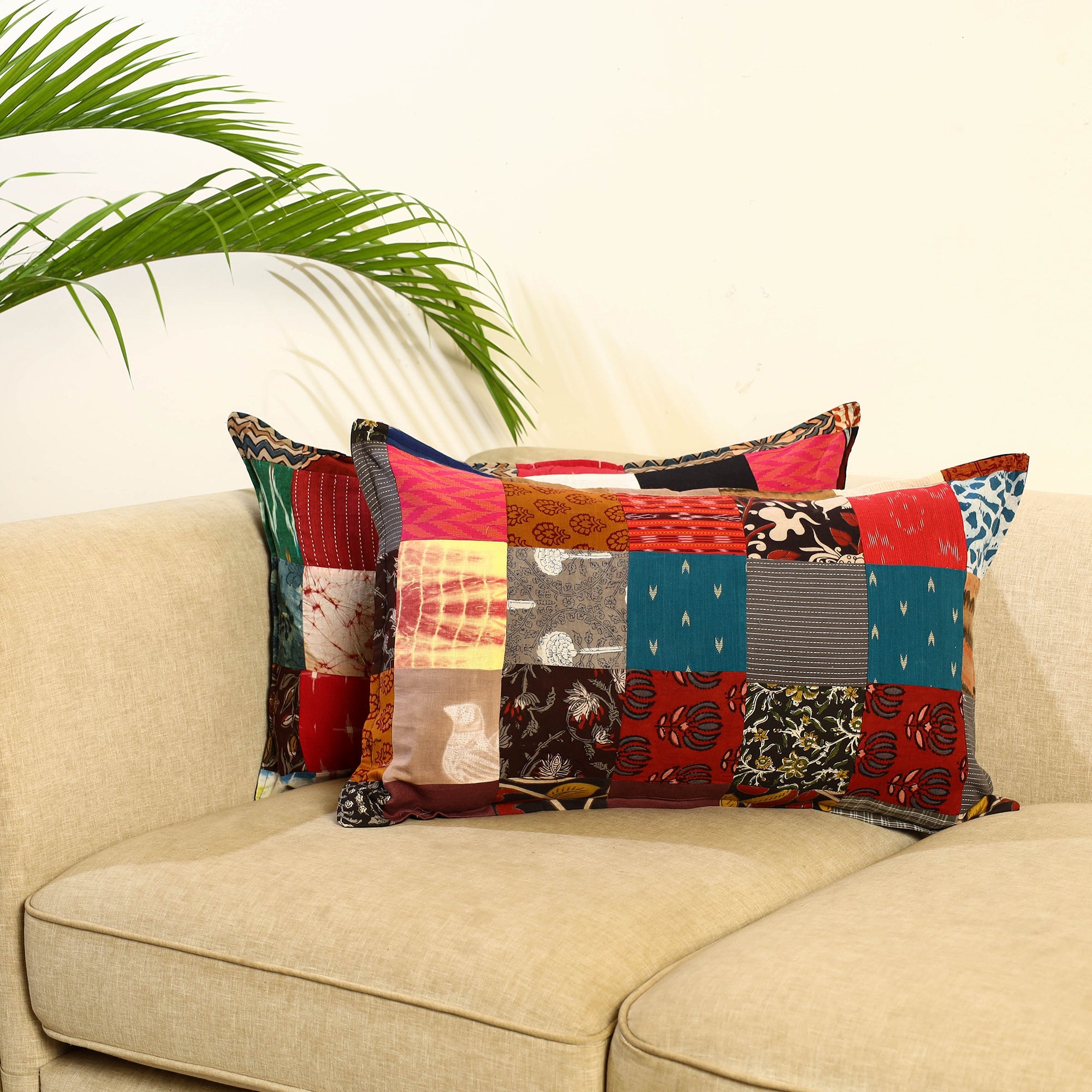 Multicolor Set of 2 Patchwork Cotton Pillow Covers