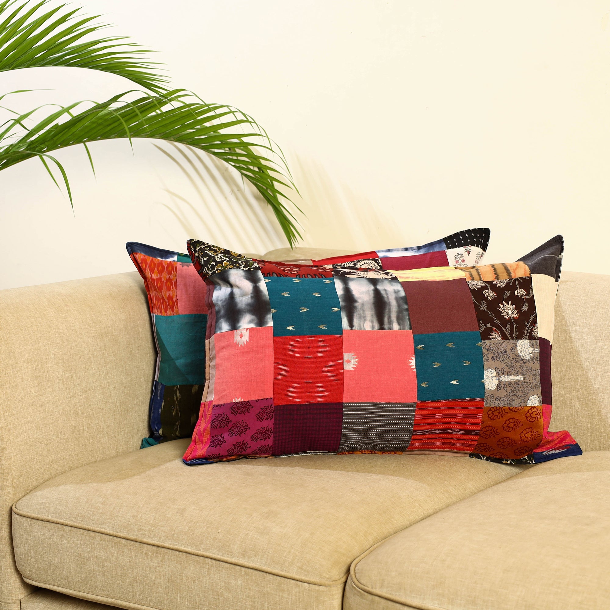 Multicolor Set of 2 Patchwork Cotton Pillow Covers