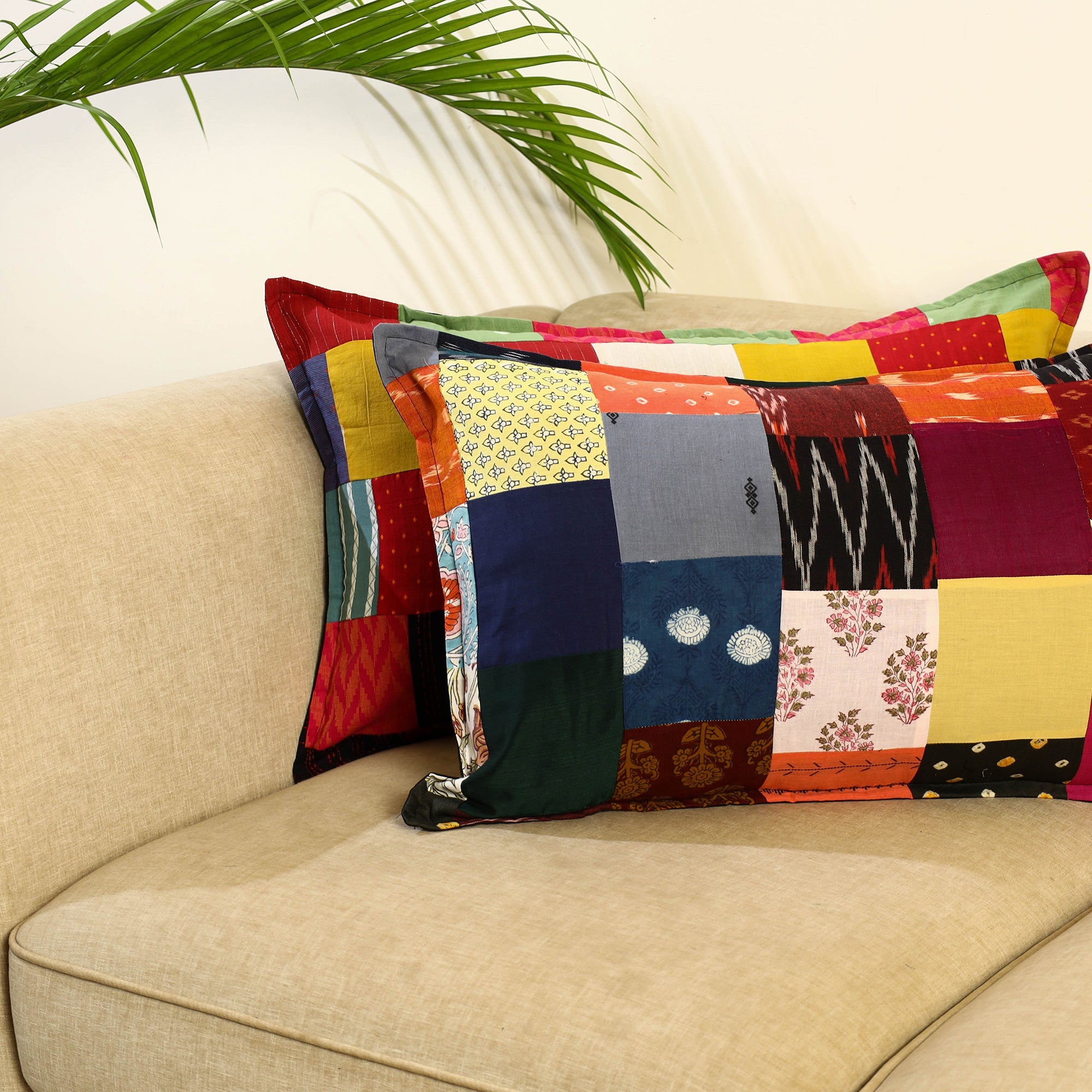 Multicolor Set of 2 Patchwork Cotton Pillow Covers