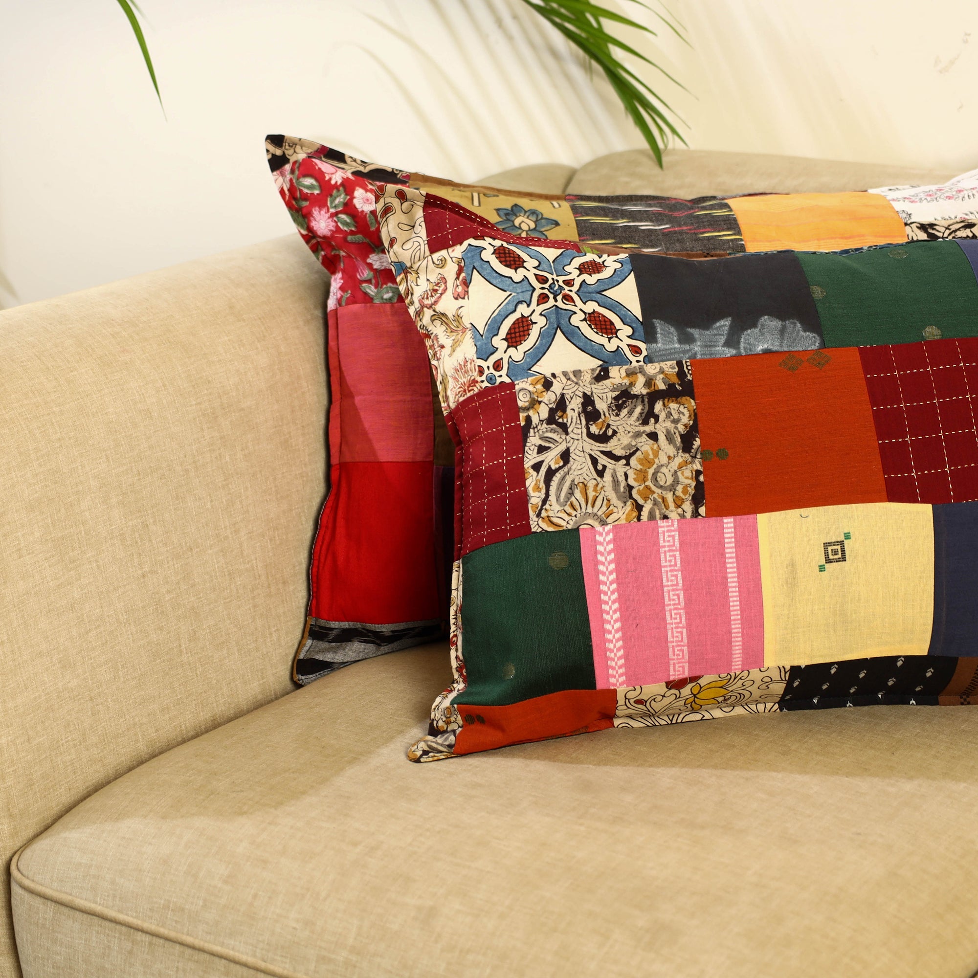 Multicolor Set of 2 Patchwork Cotton Pillow Covers