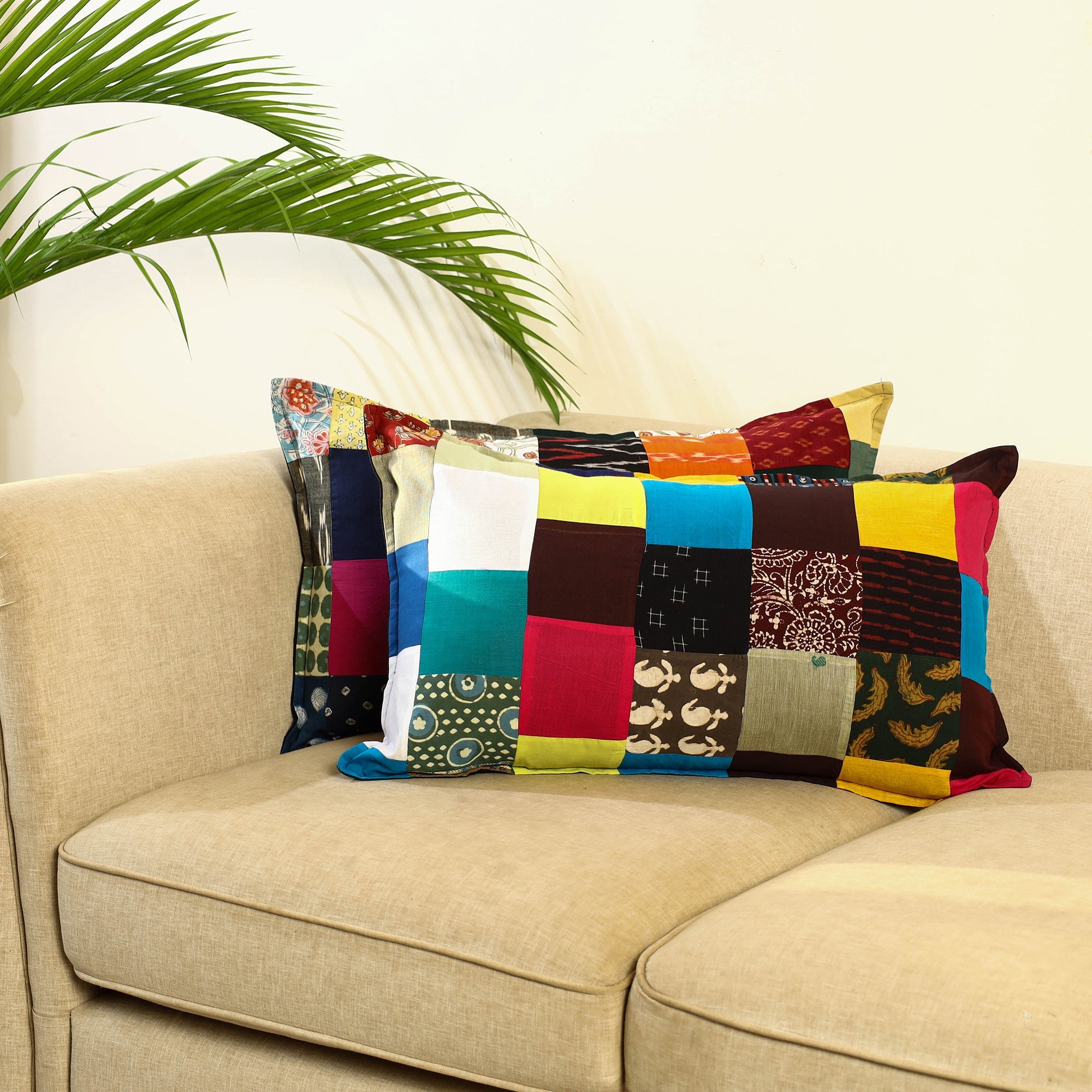 Multicolor Set of 2 Patchwork Cotton Pillow Covers