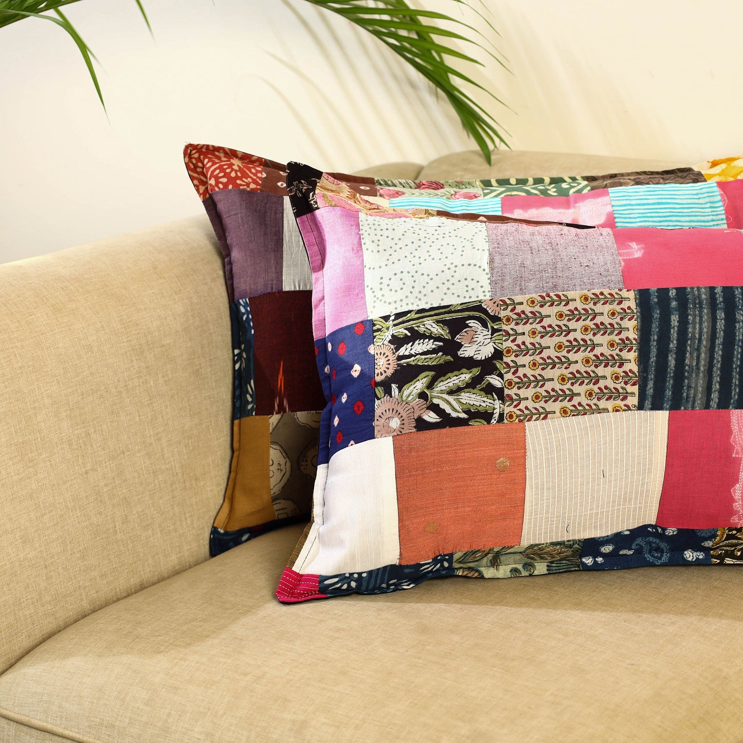 Multicolor Set of 2 Patchwork Cotton Pillow Covers