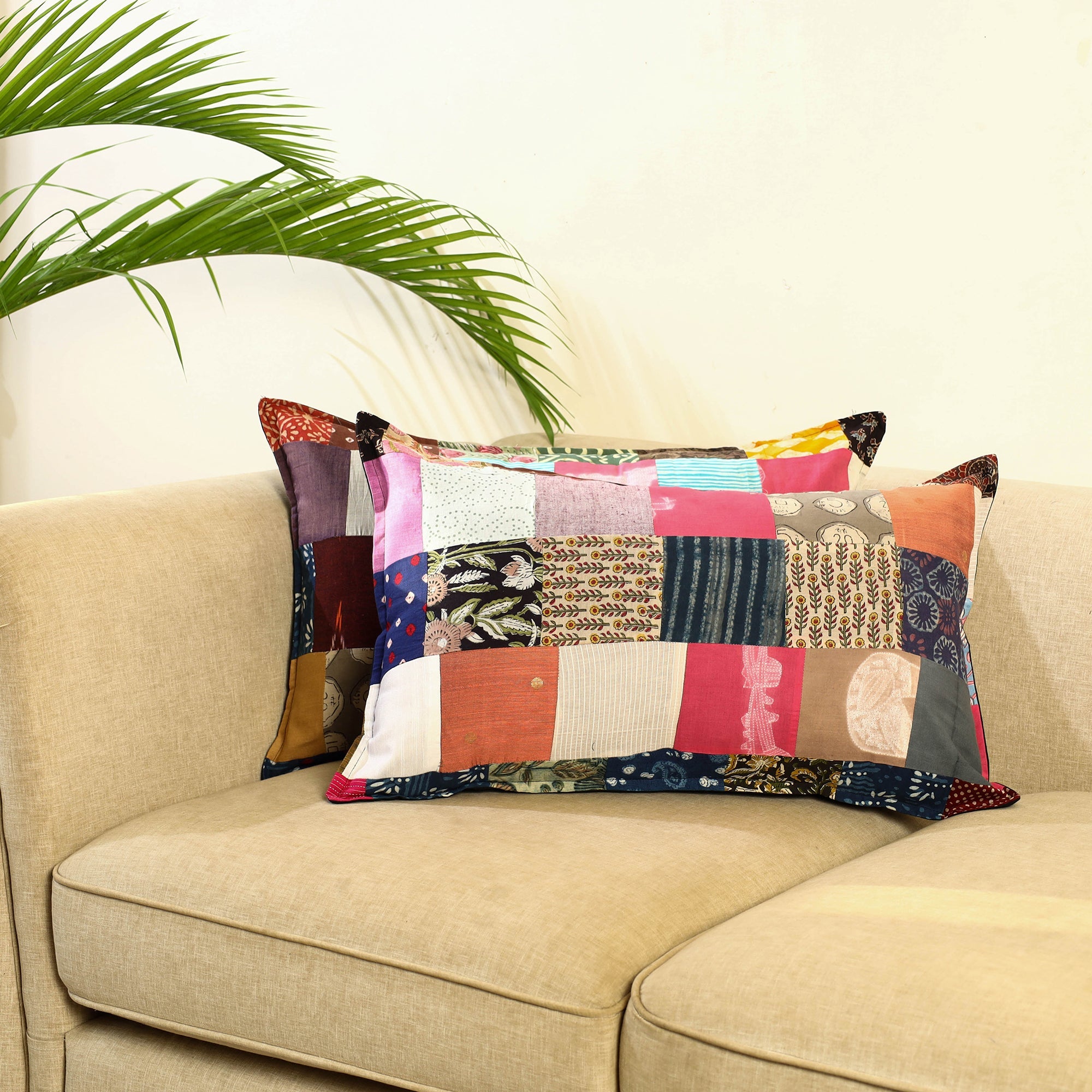 Multicolor Set of 2 Patchwork Cotton Pillow Covers