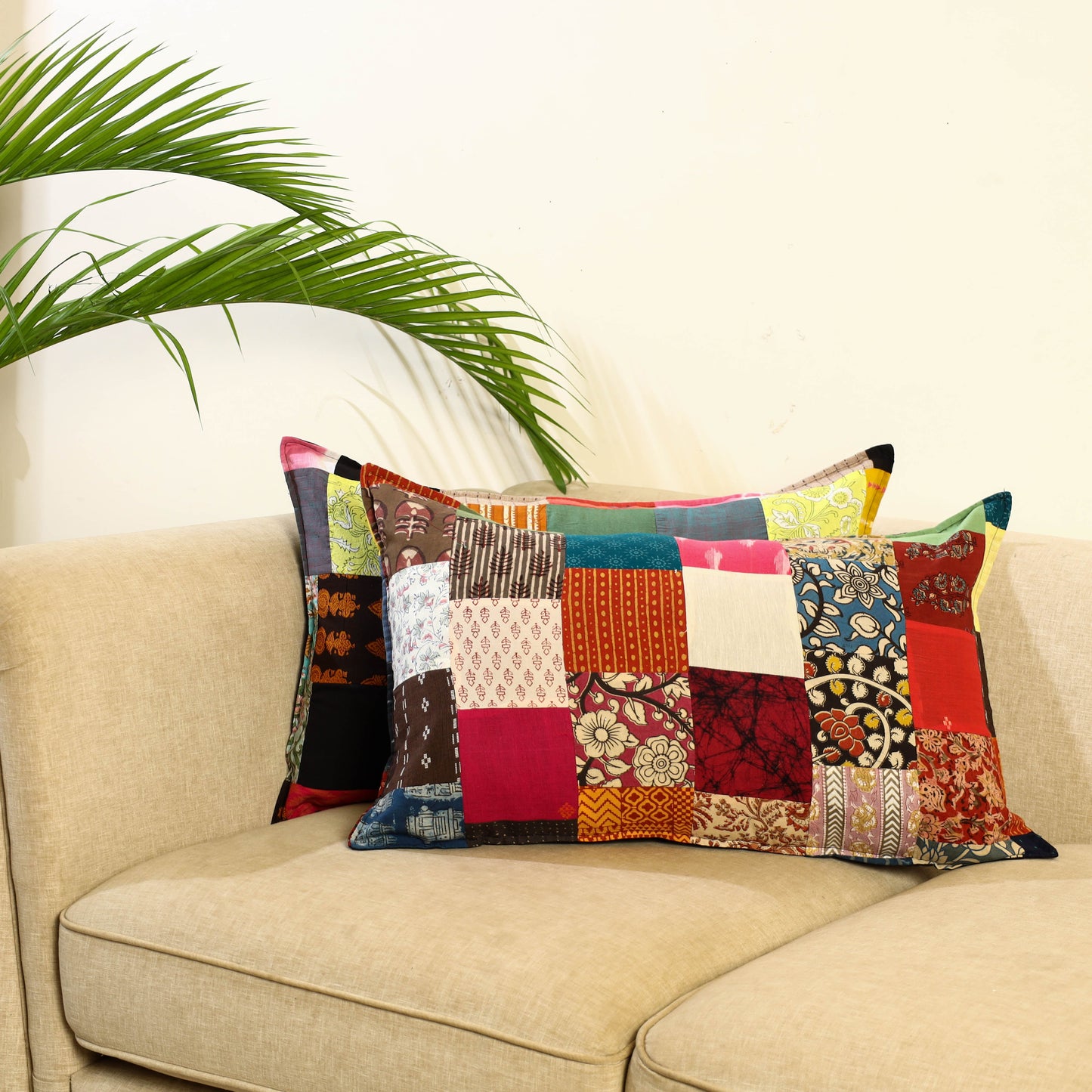 Multicolor Set of 2 Patchwork Cotton Pillow Covers