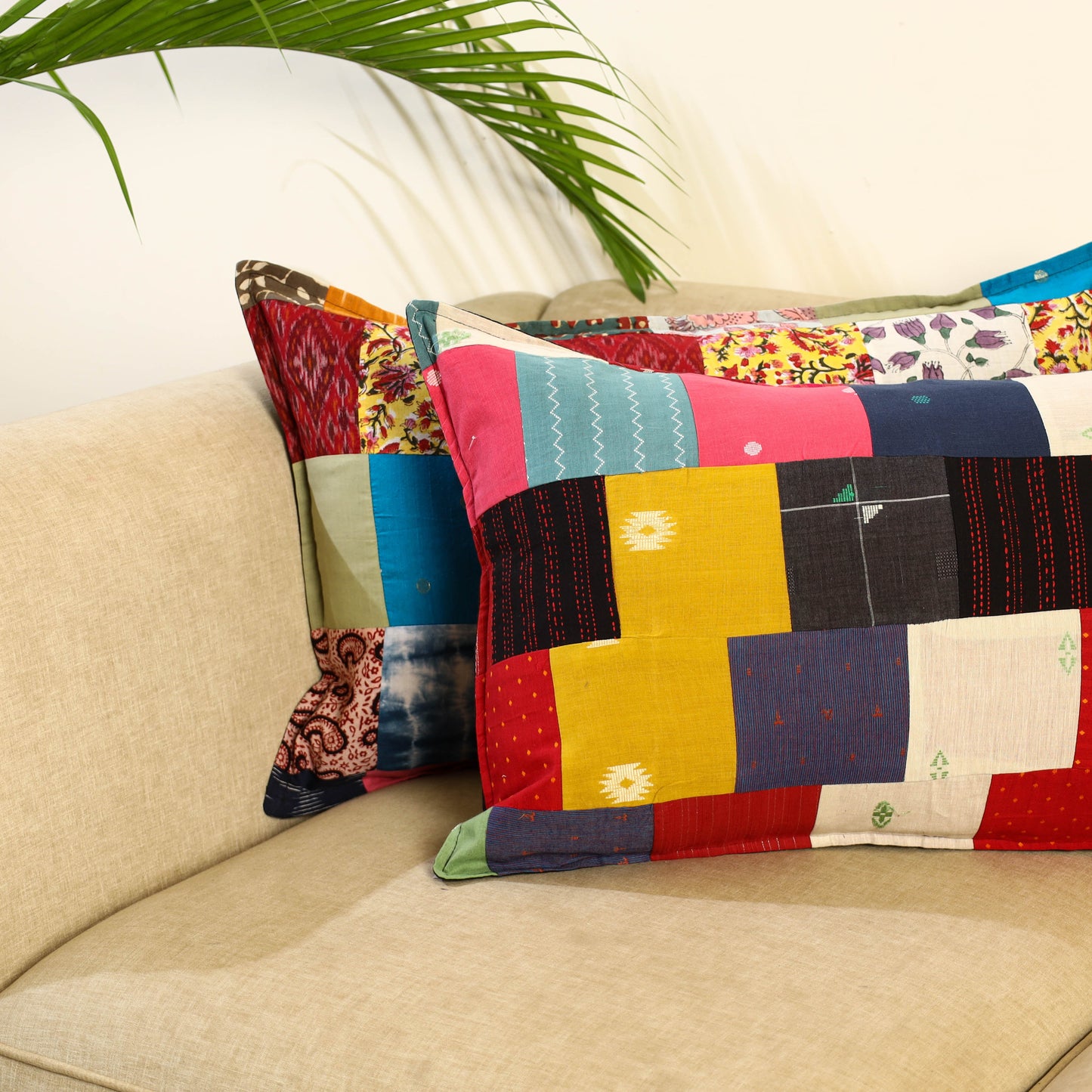 Multicolor Set of 2 Patchwork Cotton Pillow Covers