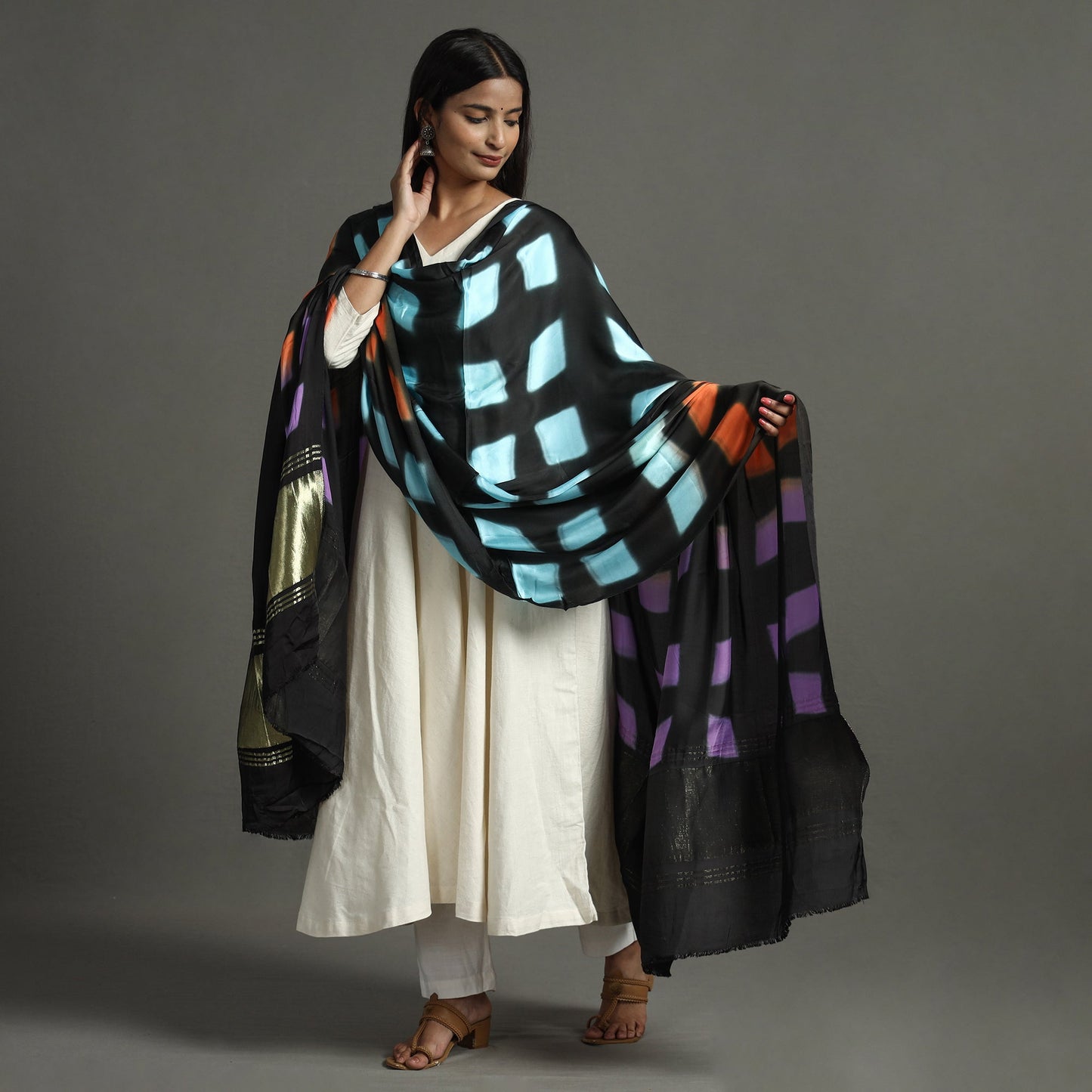 Multicolor - shibori clamp dyed modal silk dupatta