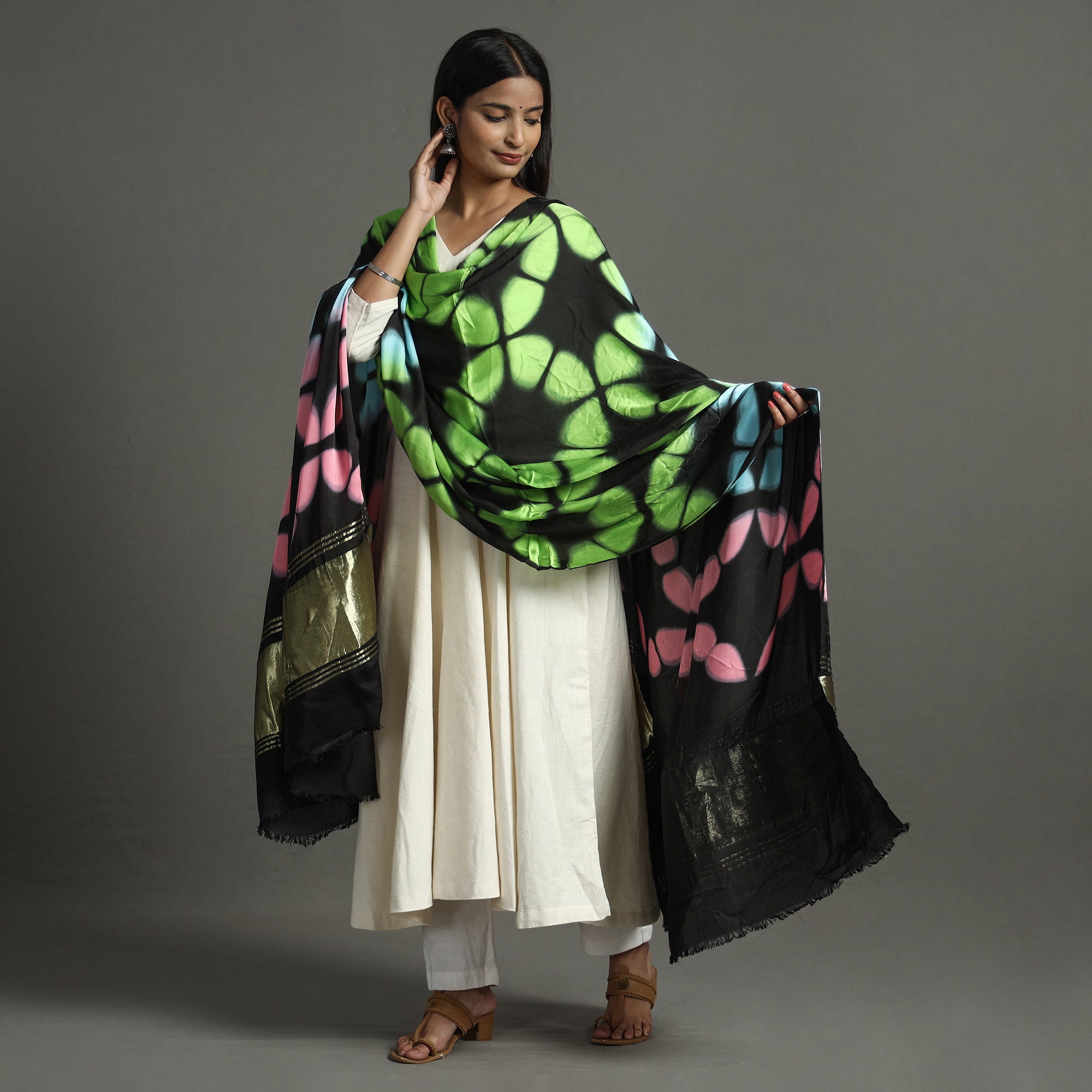 Multicolor - shibori clamp dyed modal silk dupatta