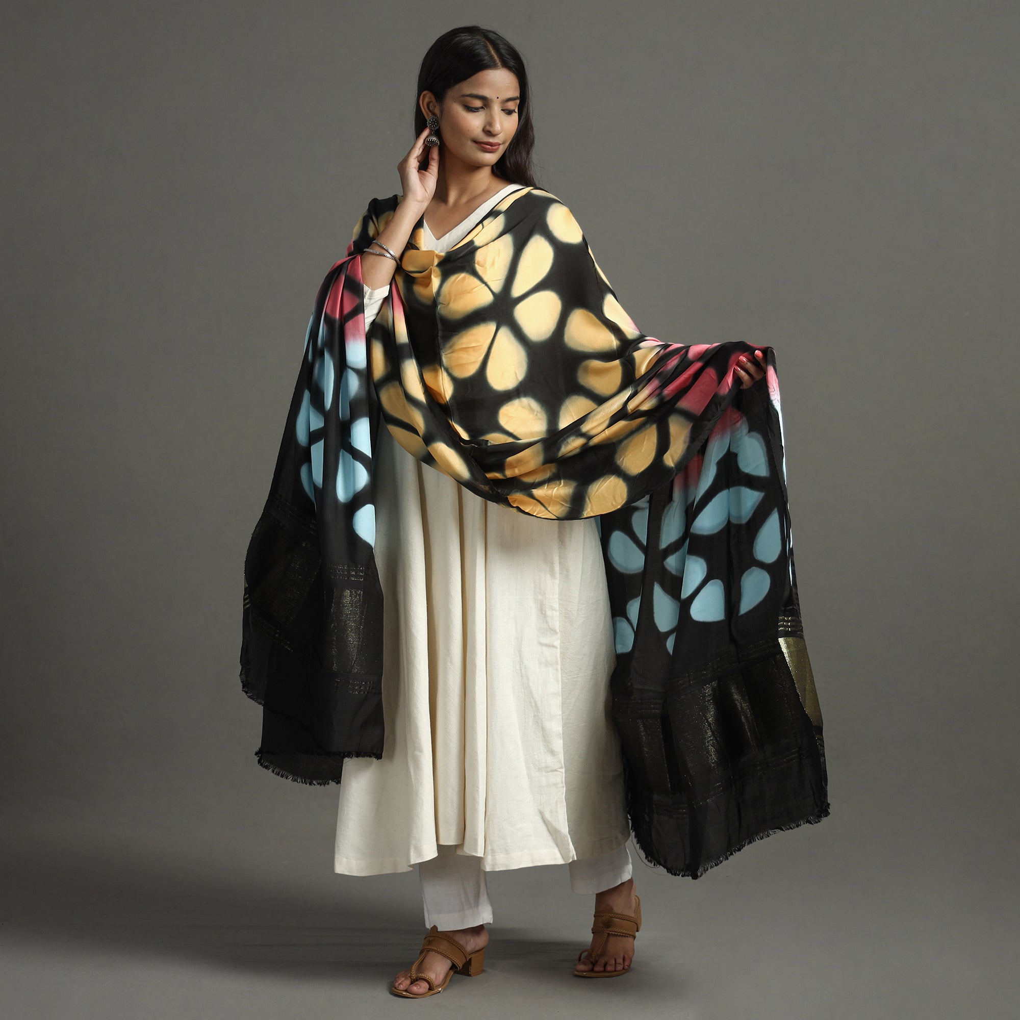 Multicolor - shibori clamp dyed modal silk dupatta