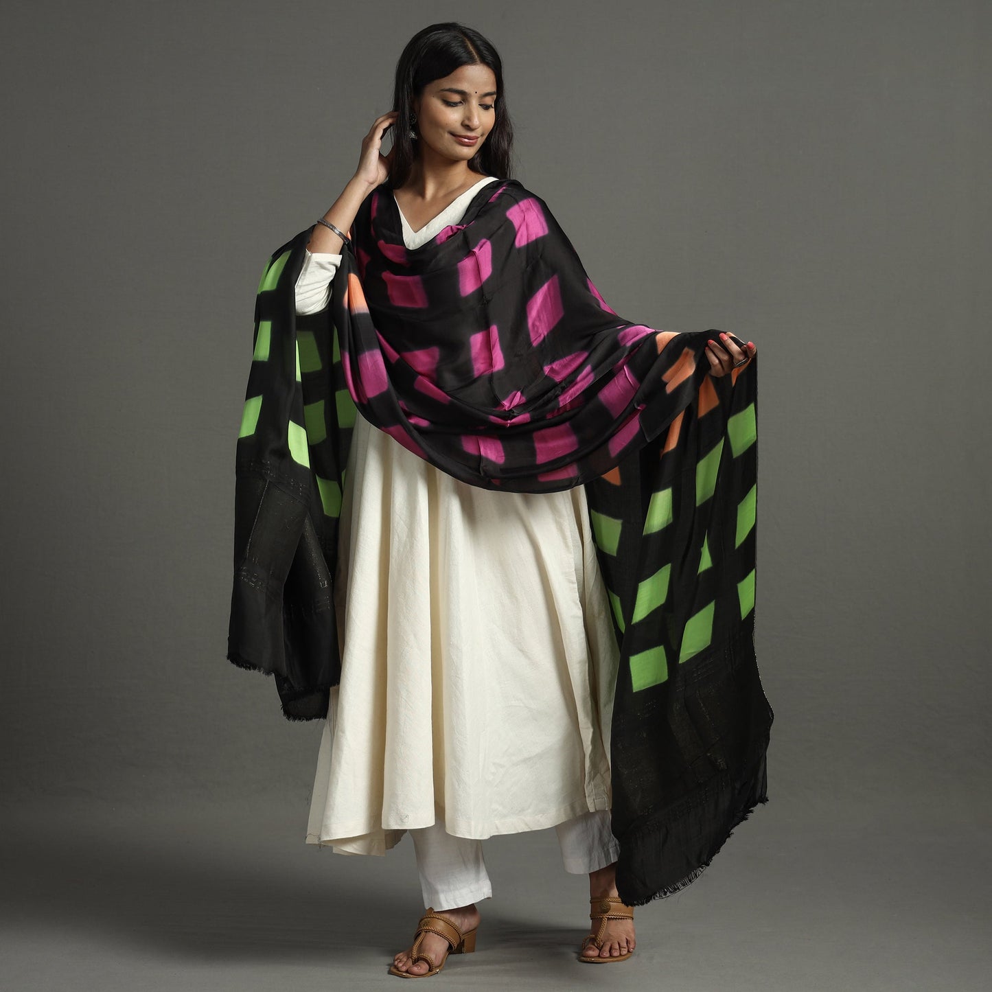 Multicolor - shibori clamp dyed modal silk dupatta