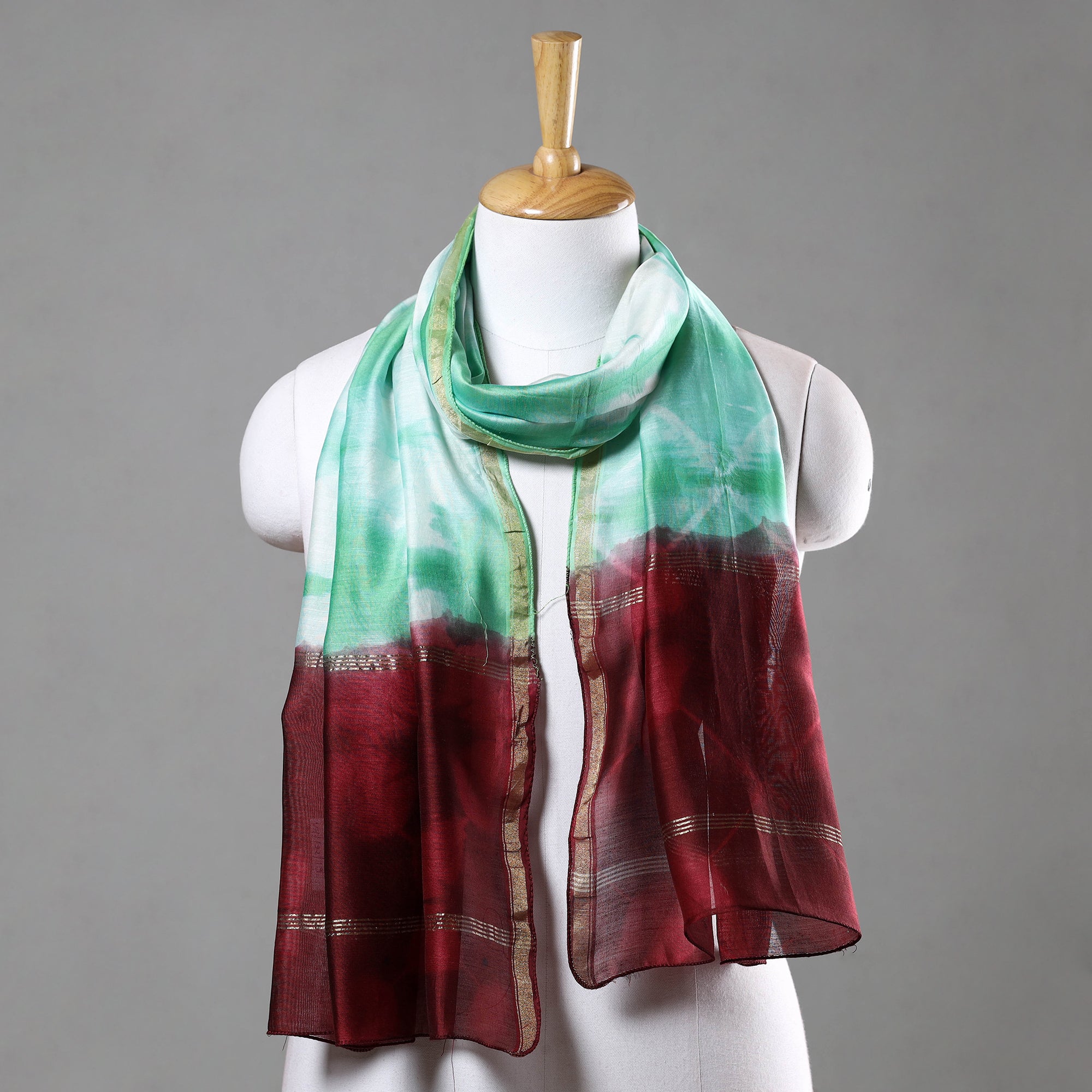  Shibori Tie-Dye Chanderi Silk Handloom Stole with Zari Border 