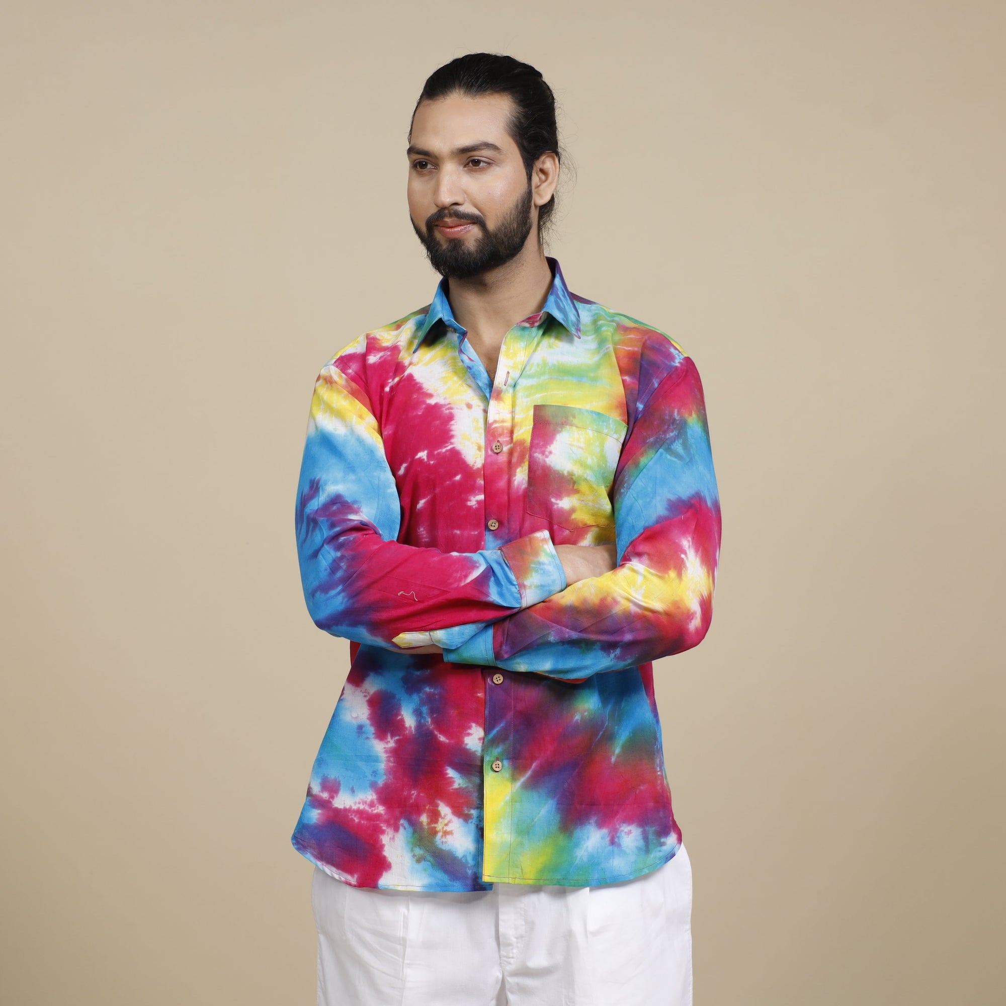  Shibori Tie-Dye Cotton Men Full Sleeve Shirt 