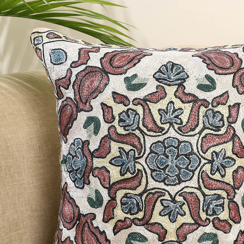 Multicolor Silk Thread Crewel Embroidery Cushion Cover