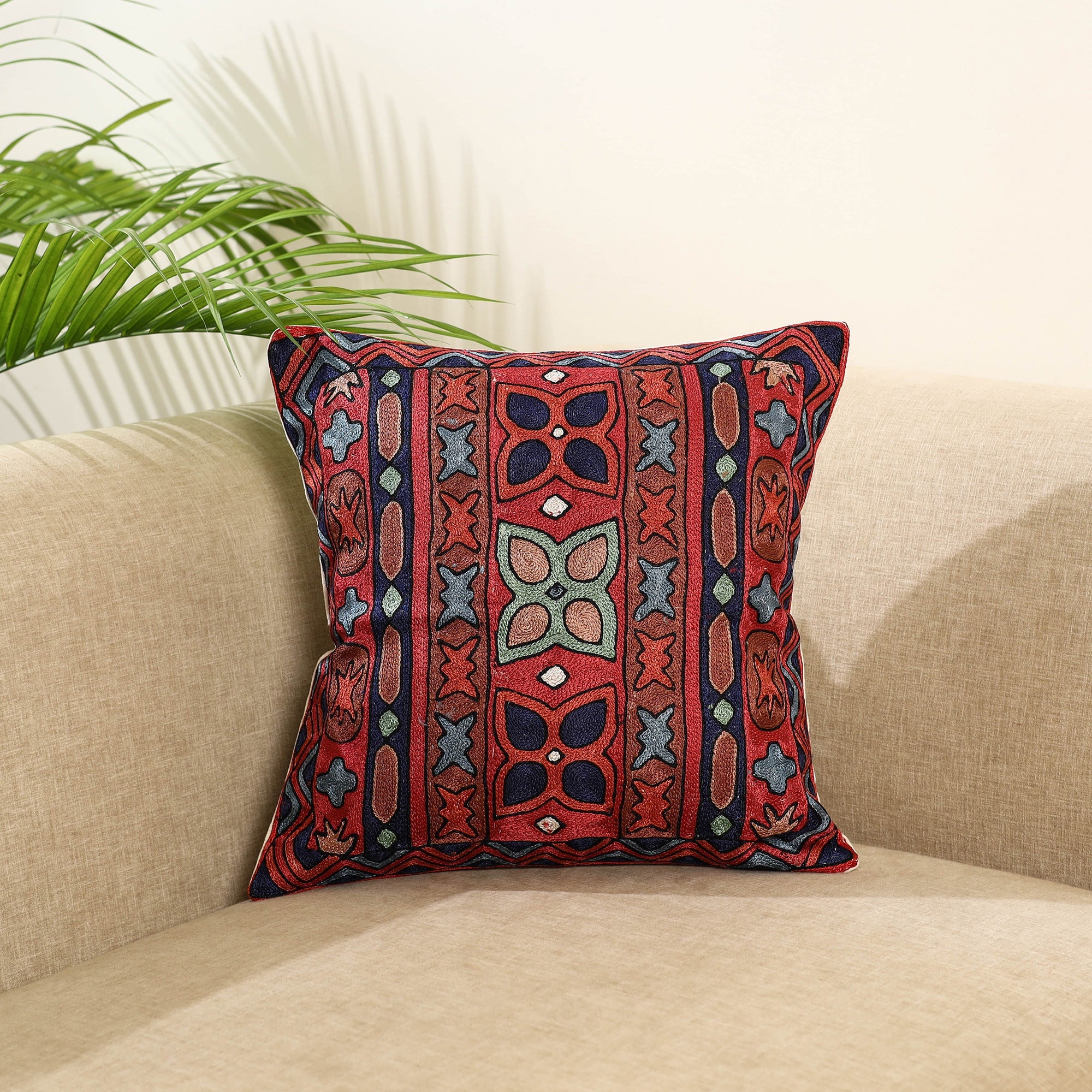 Multicolor Silk Thread Crewel Embroidery Cushion Cover