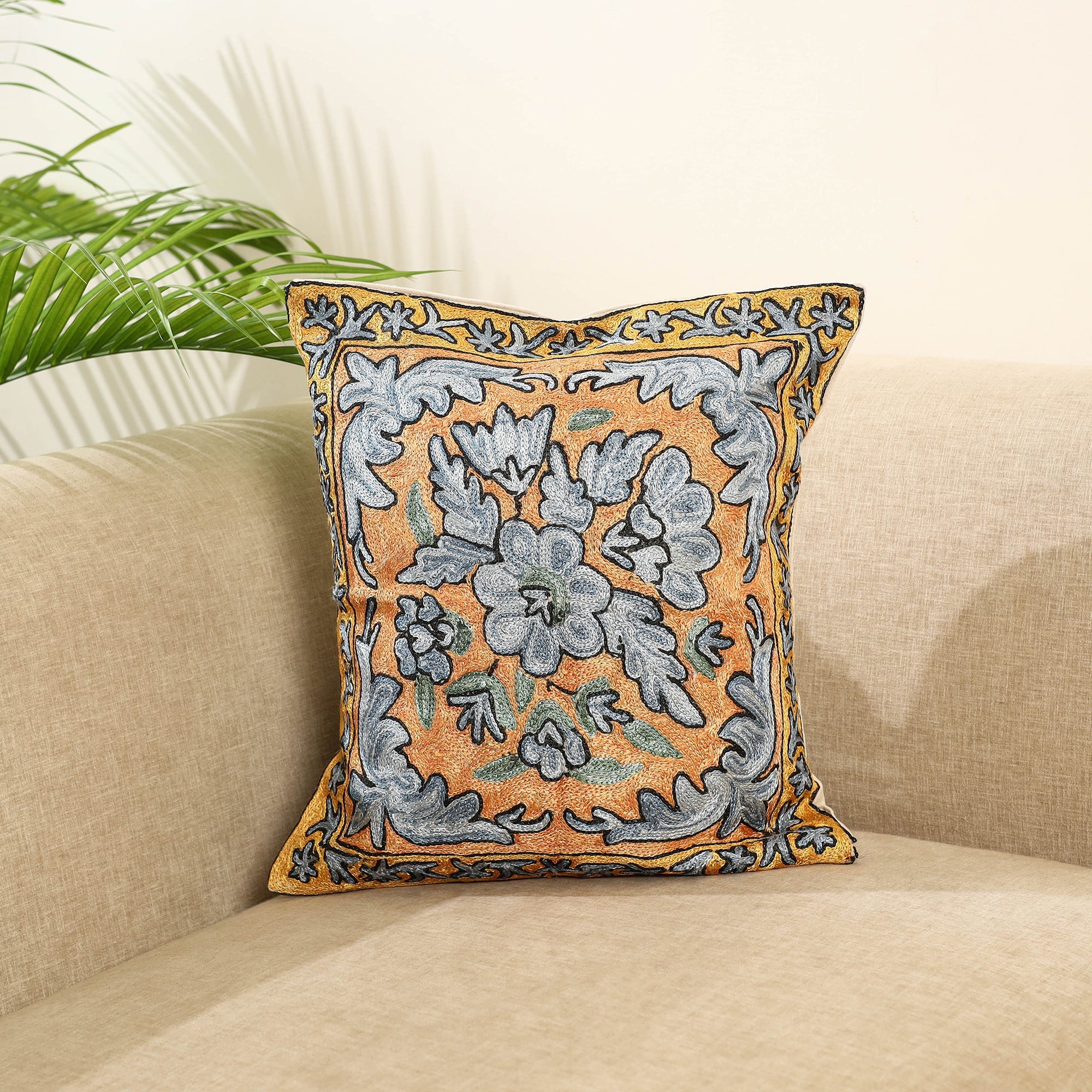 Multicolor - silk thread crewel embroidery cushion cover