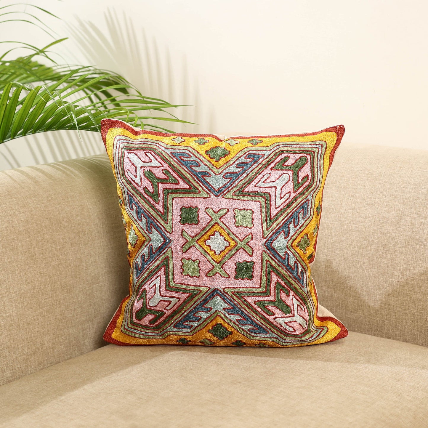 Multicolor Silk Thread Crewel Embroidery Cushion Cover
