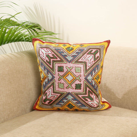 Multicolor Silk Thread Crewel Embroidery Cushion Cover