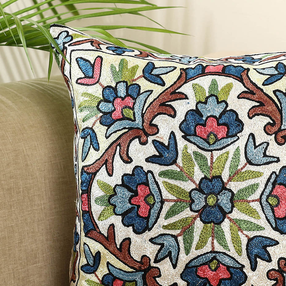Multicolor Silk Thread Crewel Embroidery Cushion Cover