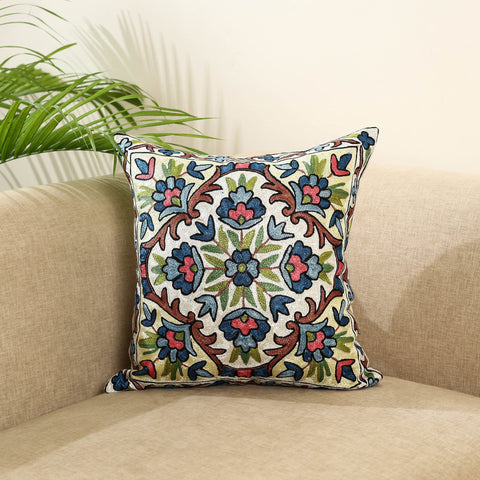 Multicolor Silk Thread Crewel Embroidery Cushion Cover
