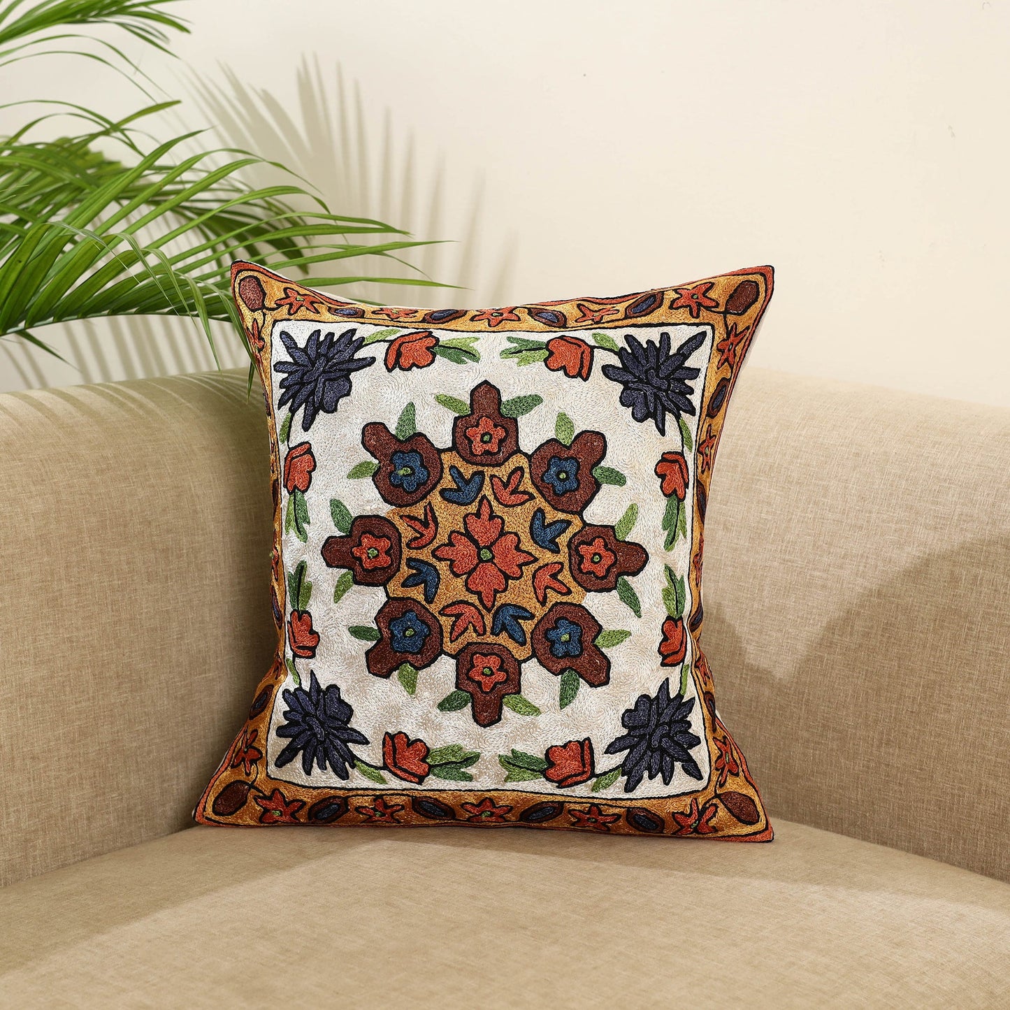 Multicolor - silk thread crewel embroidery cushion cover