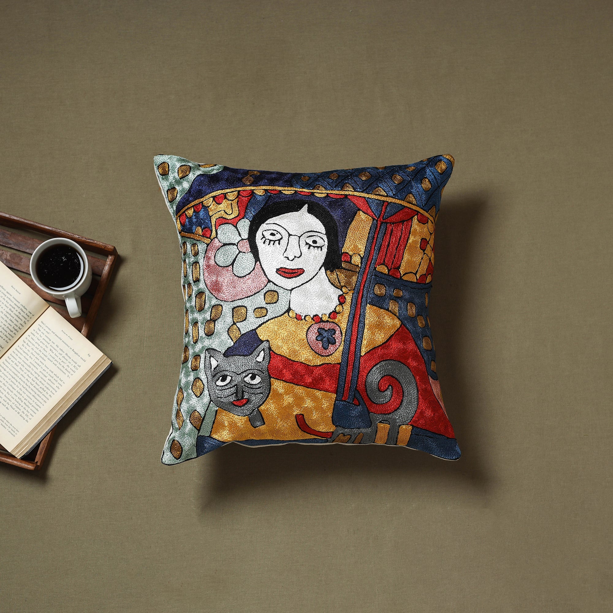 Multicolor - silk thread crewel hand embroidery cushion