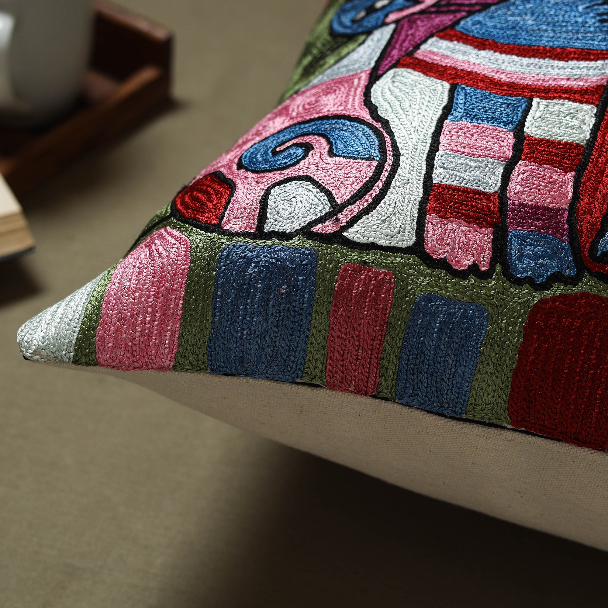 Multicolor - silk thread crewel hand embroidery cushion