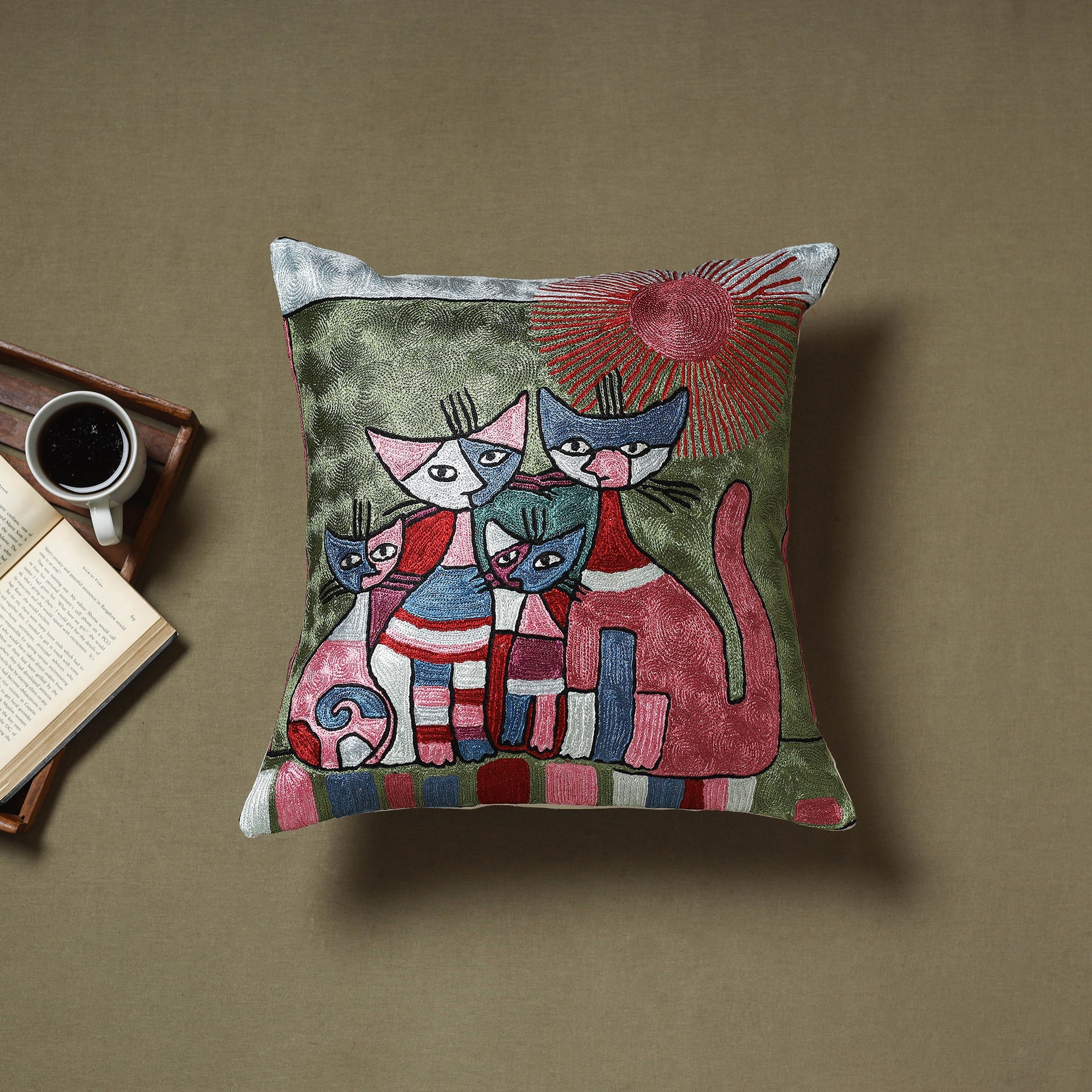 Multicolor - silk thread crewel hand embroidery cushion