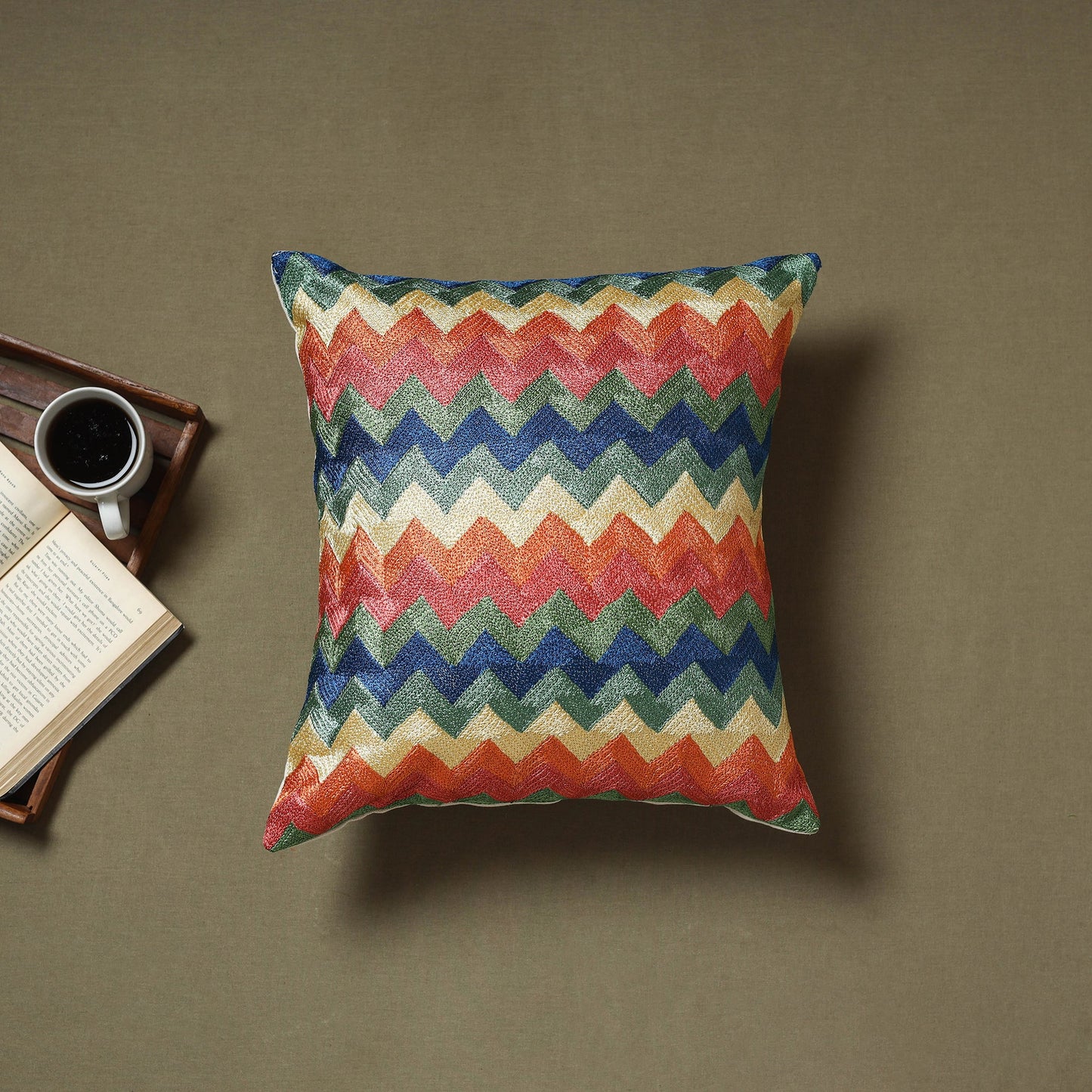 Multicolor - silk thread crewel hand embroidery cushion