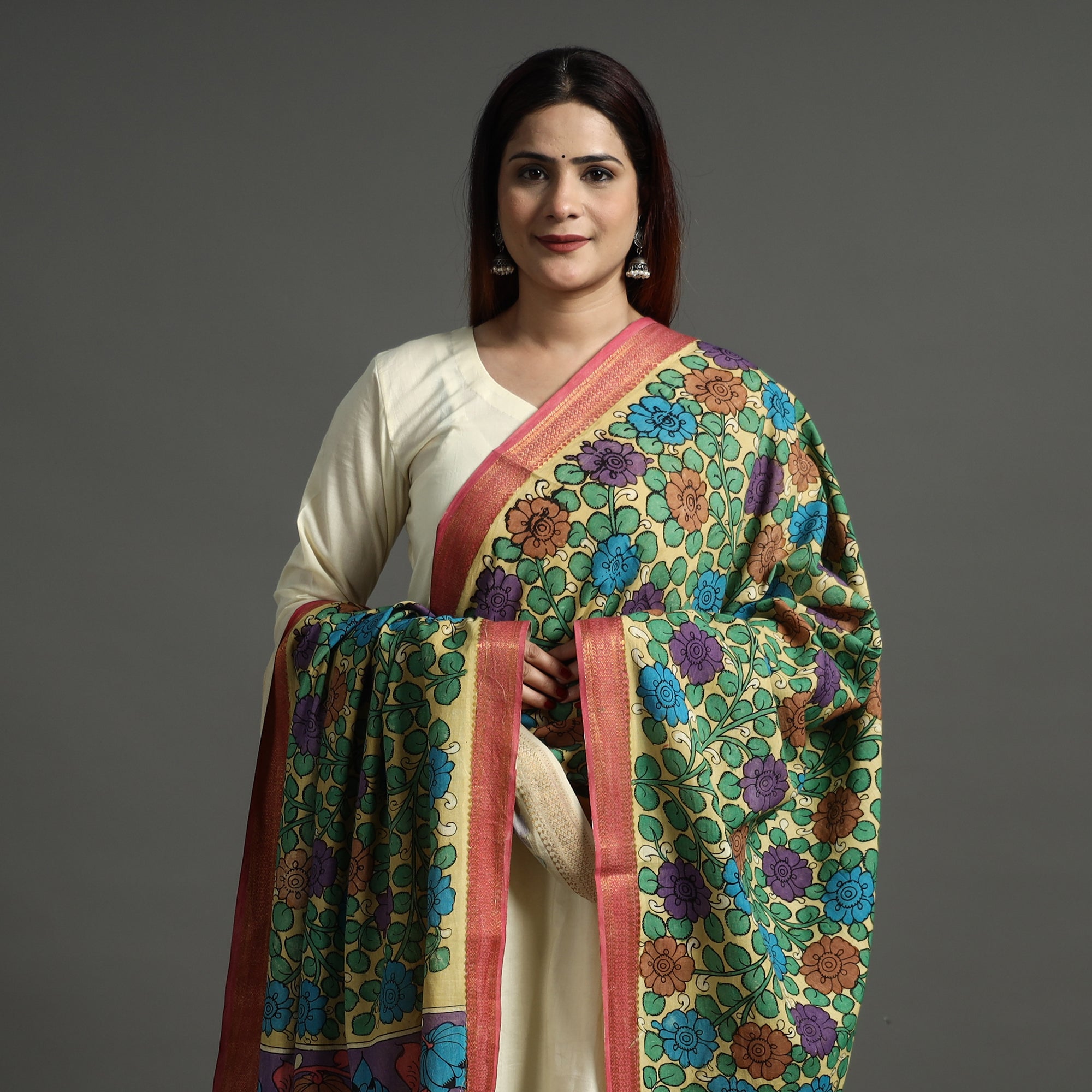 Srikalahasti Pen Work Kalamkari Cotton Handpainted Zari Border Dupatta with Tassels 84