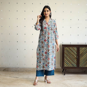  Multicolor Straight Cotton Block Print Sanganeri Kurta