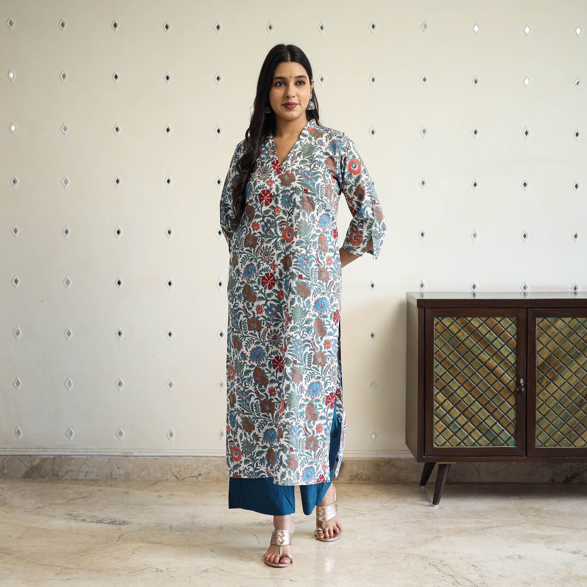  Multicolor Straight Cotton Block Print Sanganeri Kurta