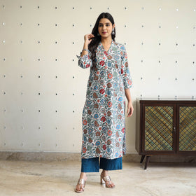  Multicolor Straight Cotton Block Print Sanganeri Kurta