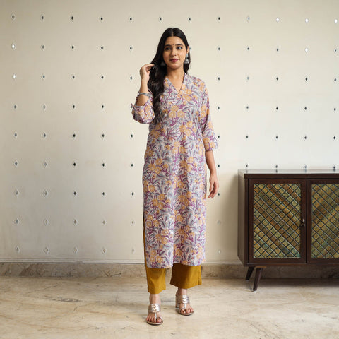  Multicolor Straight Cotton Block Print Sanganeri Kurta
