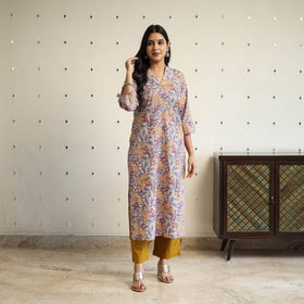  Multicolor Straight Cotton Block Print Sanganeri Kurta