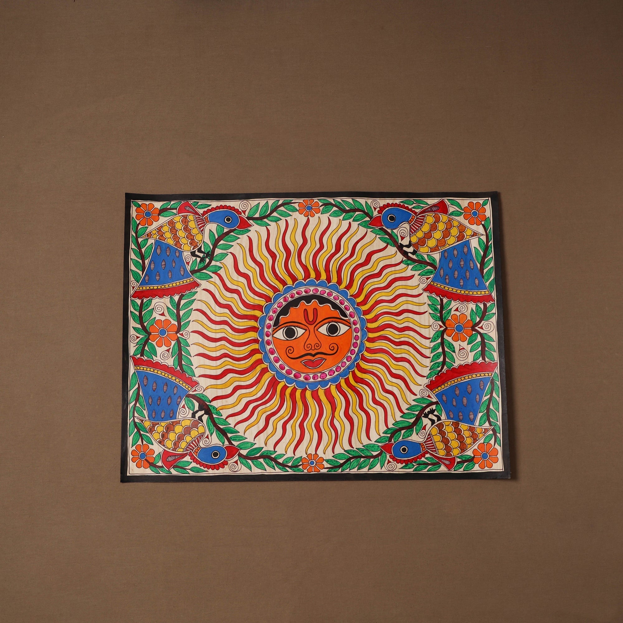 Multicolor Sun God Handpainted Madhubani Painting by Hira Devi