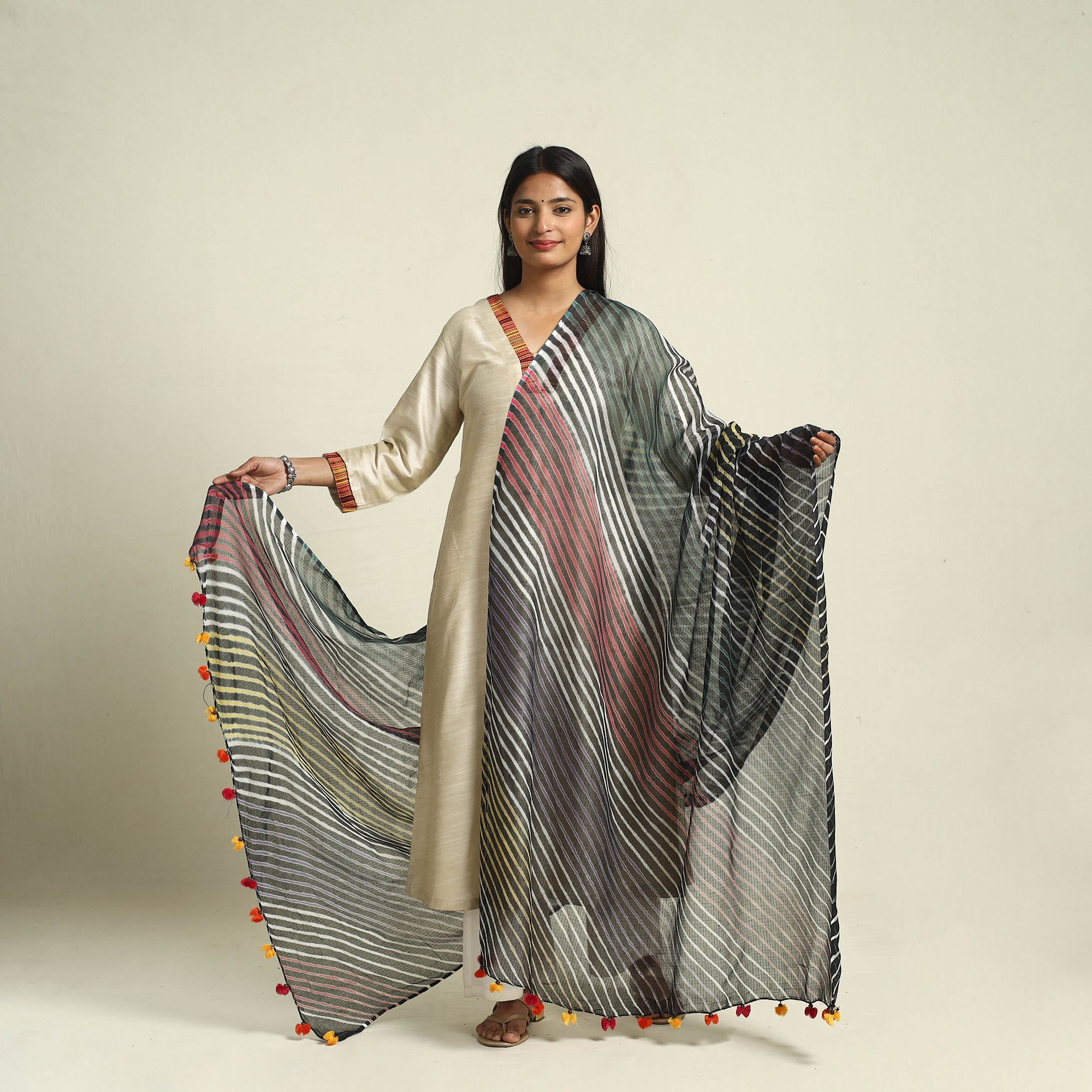 Buy Tie & Dye Multicolor Kota Doria Cotton Leheriya Dupatta