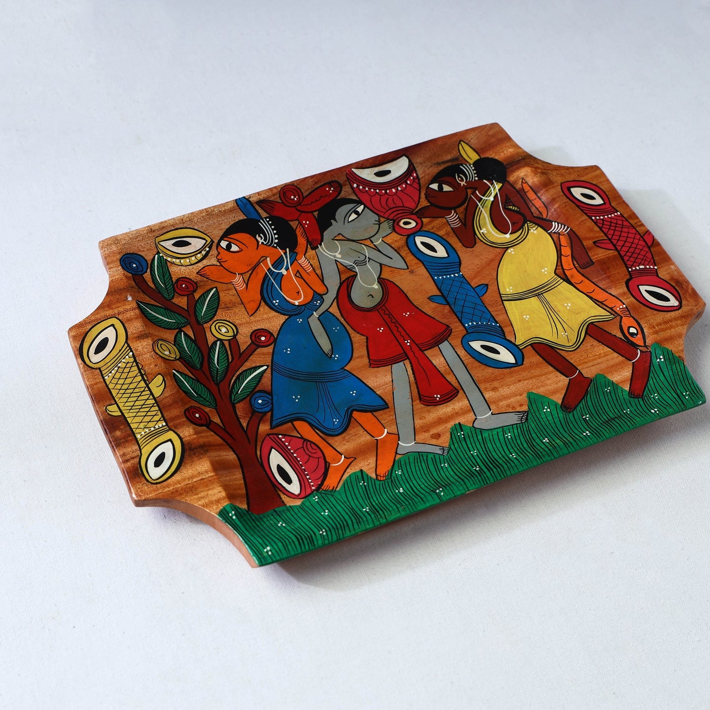 Traditional pattachitra hand painted akashmoni wooden tray