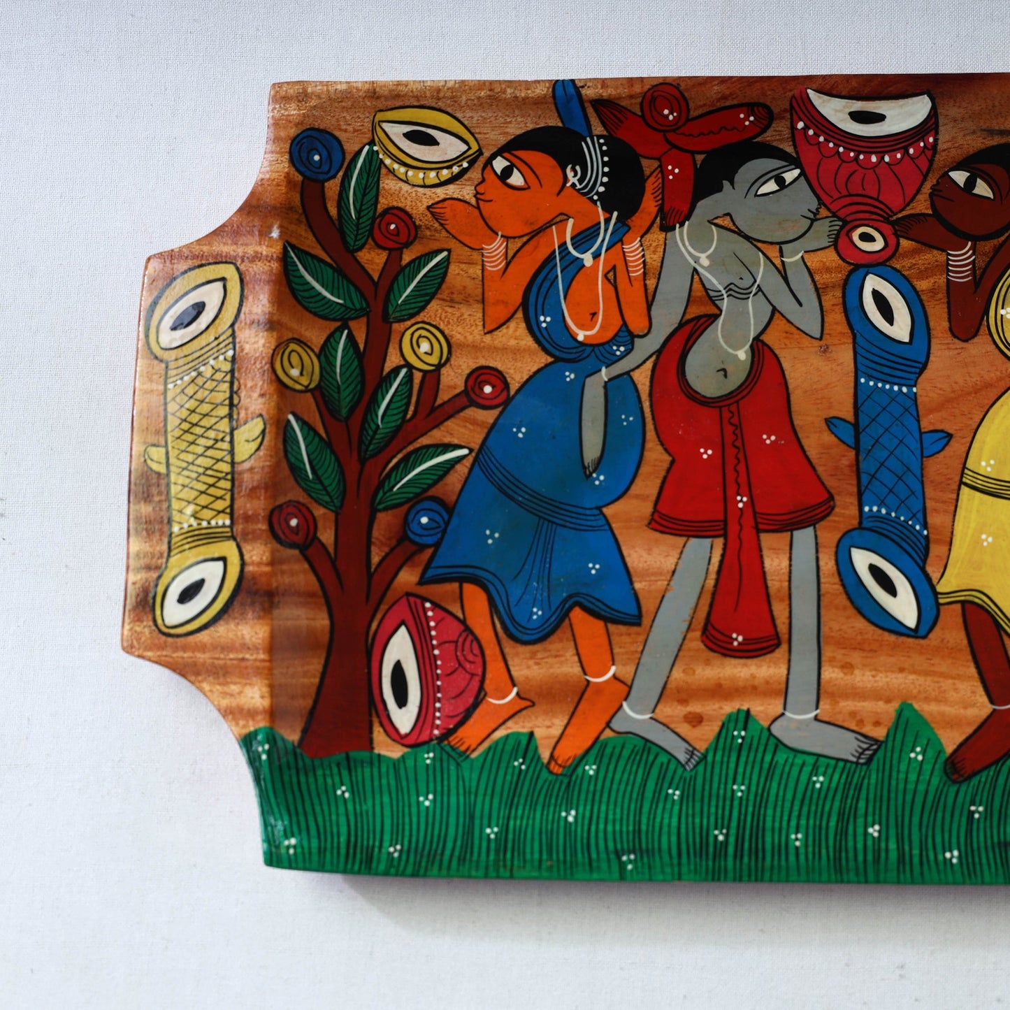 Traditional pattachitra hand painted akashmoni wooden tray