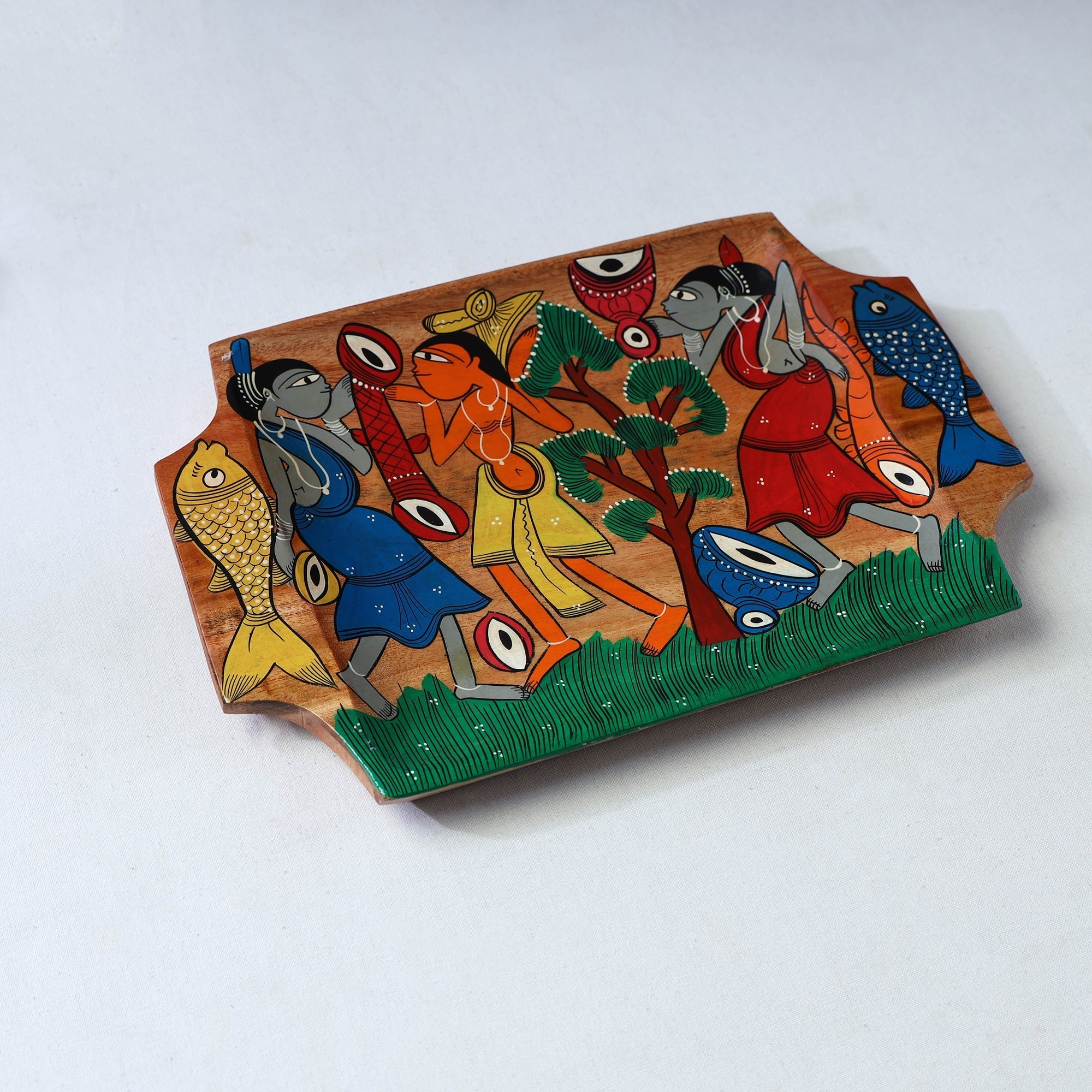 Traditional pattachitra hand painted akashmoni wooden tray