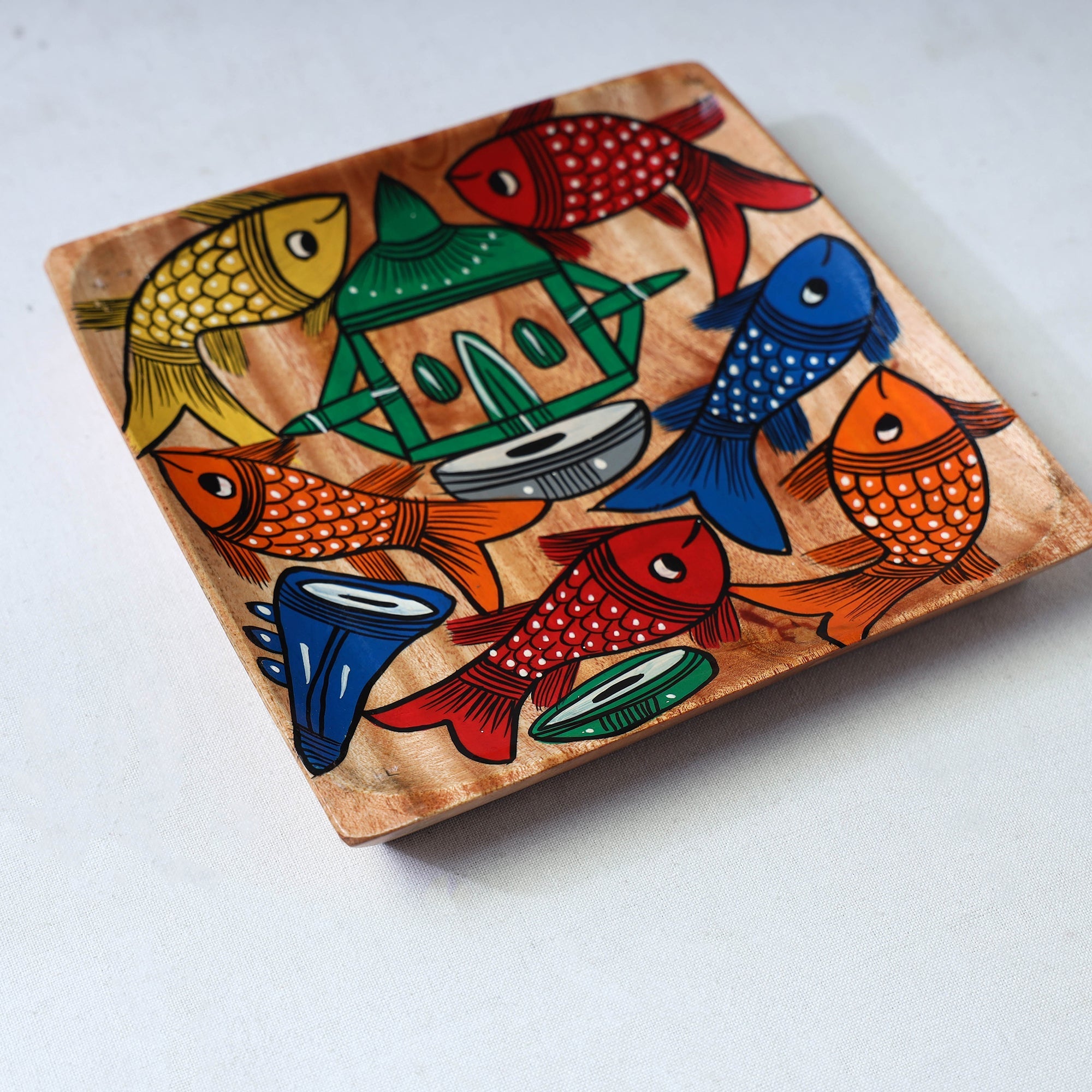 Traditional pattachitra hand painted akashmoni wooden tray