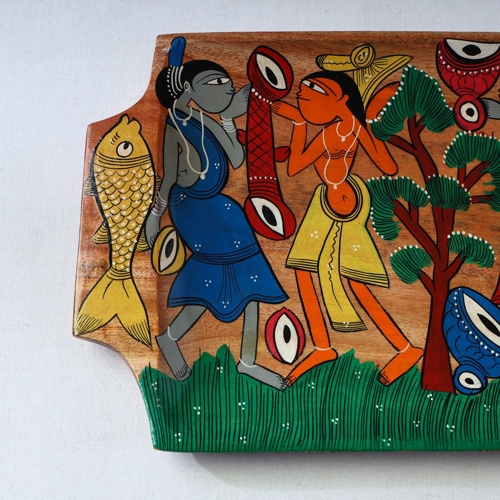 Traditional pattachitra hand painted akashmoni wooden tray
