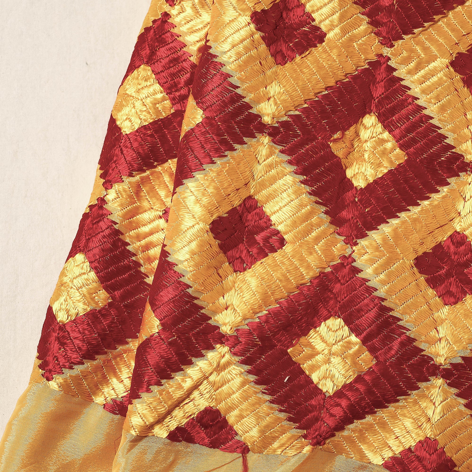 Buy Traditional Phulkari Embroidered Chinnon Fabric Online at iTokri.com