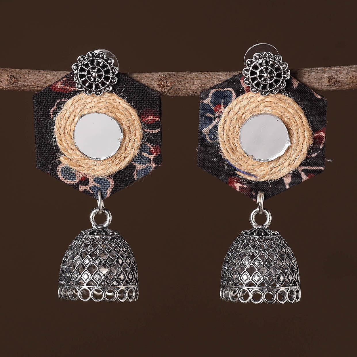 Trisha German Silver Jute Fabart Jhumki Earrings 