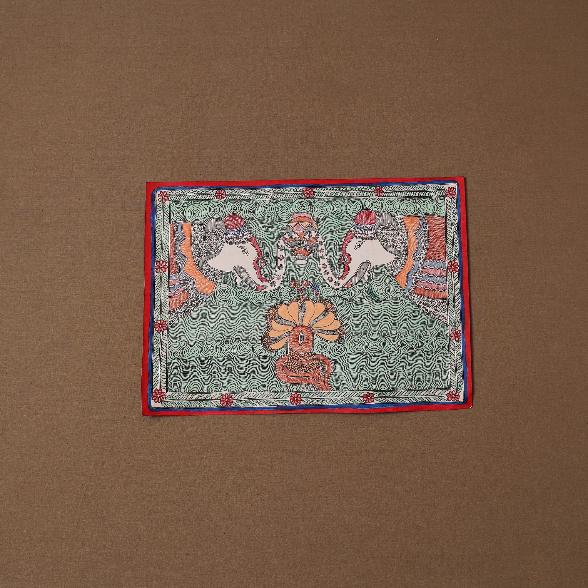 Multicolor Twin Elephants with Naag Dev Handpainted Madhubani Painting ...