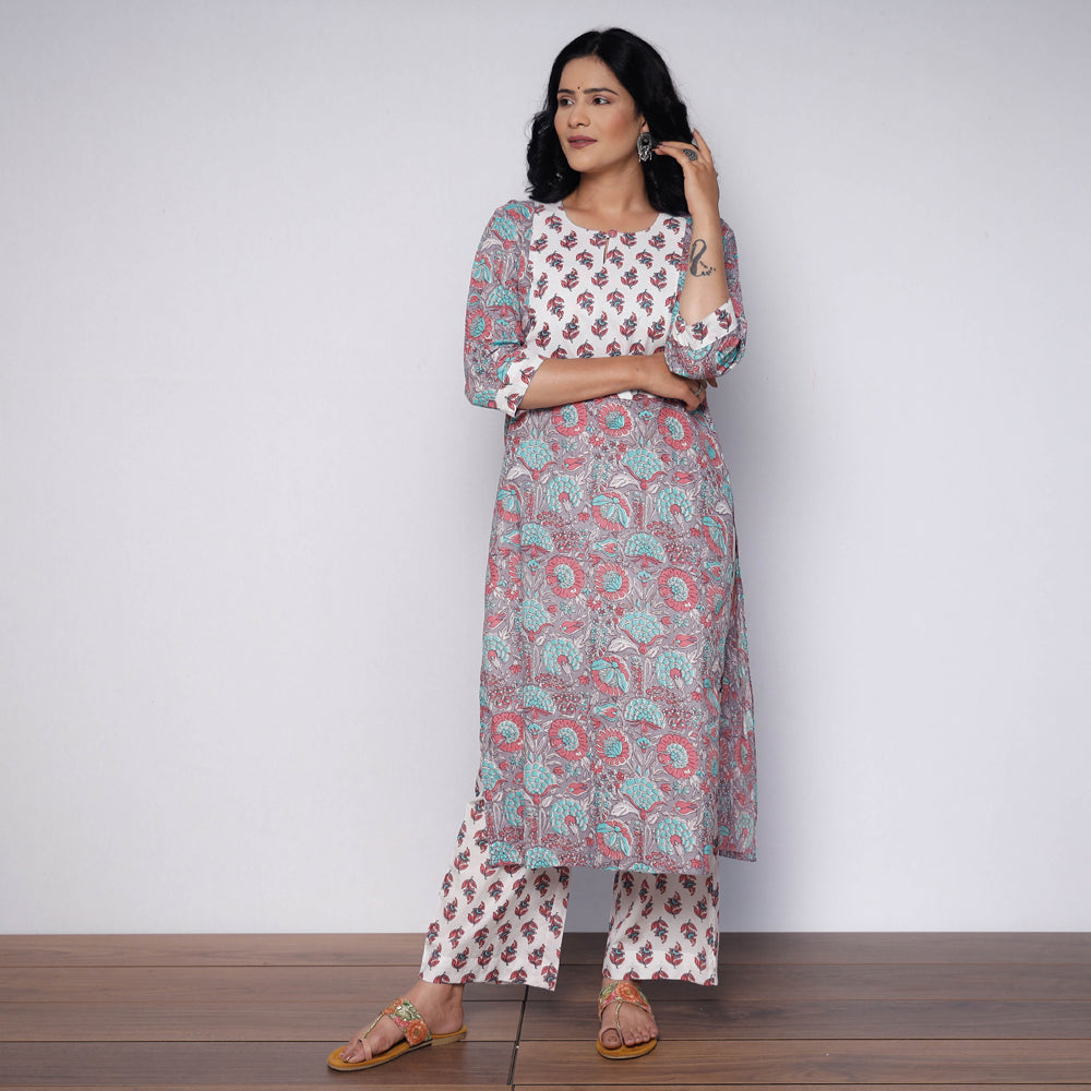 Multicolor - white grey sanganeri hand printed cotton kurta