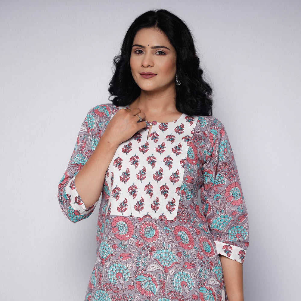 Multicolor - white grey sanganeri hand printed cotton kurta
