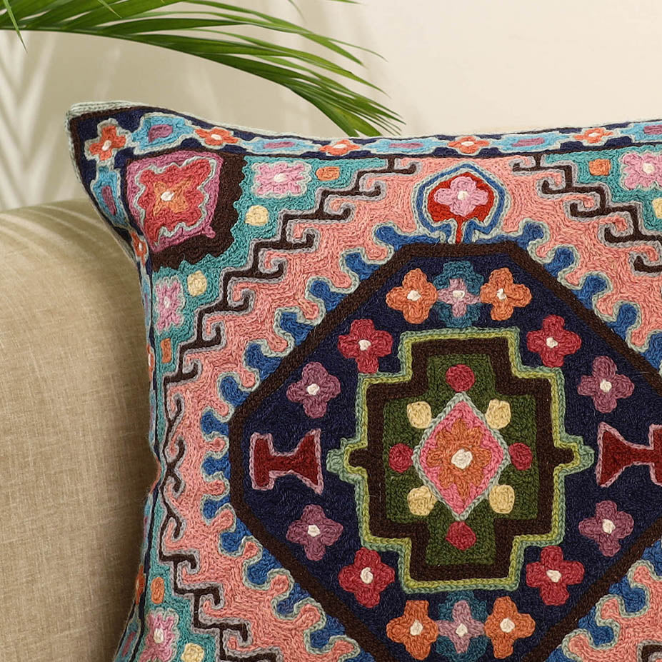 Multicolor Wool Thread Crewel Embroidery Cushion Cover