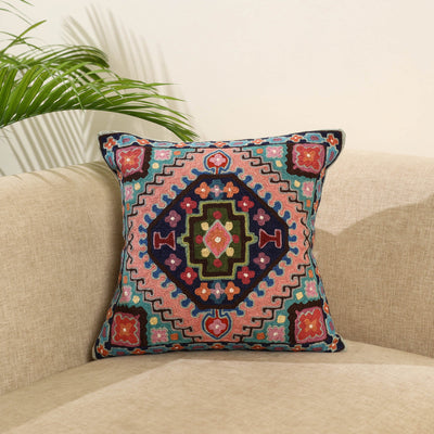 Multicolor Wool Thread Crewel Embroidery Cushion Cover