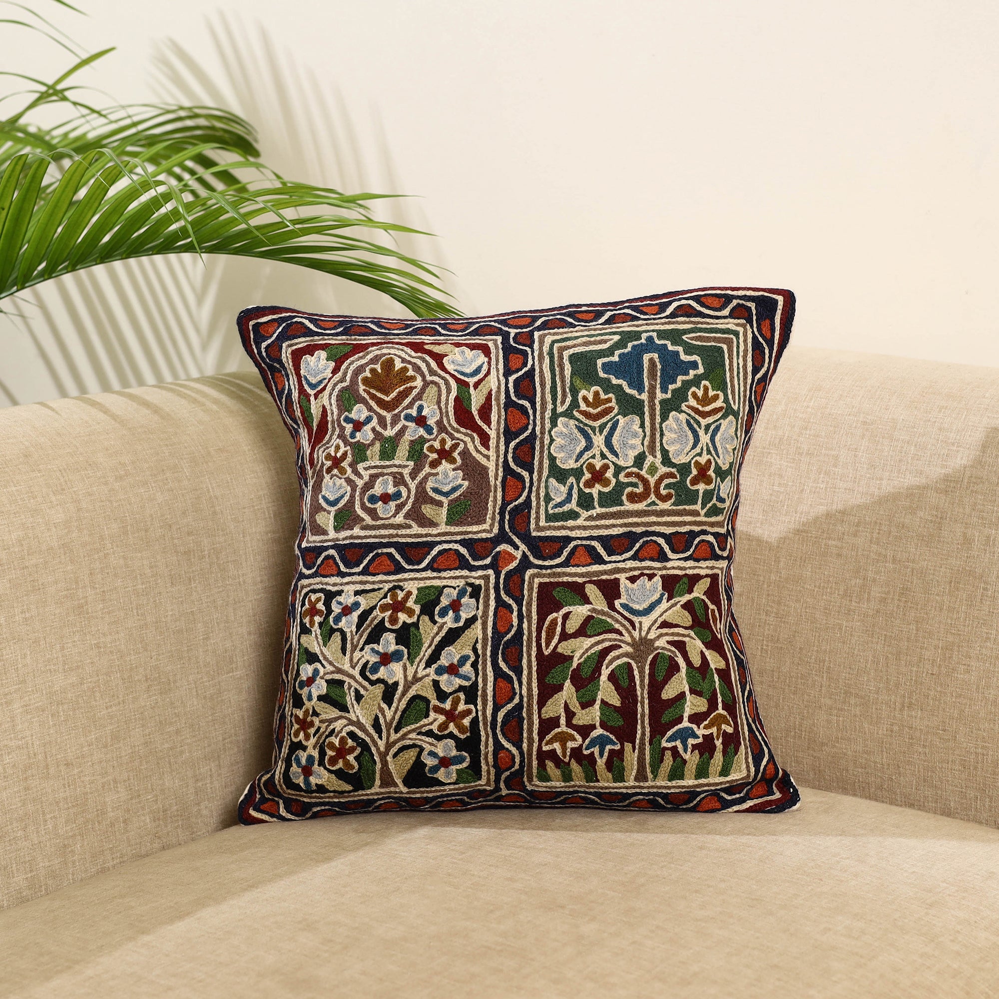 Multicolor Wool Thread Crewel Embroidery Cushion Cover